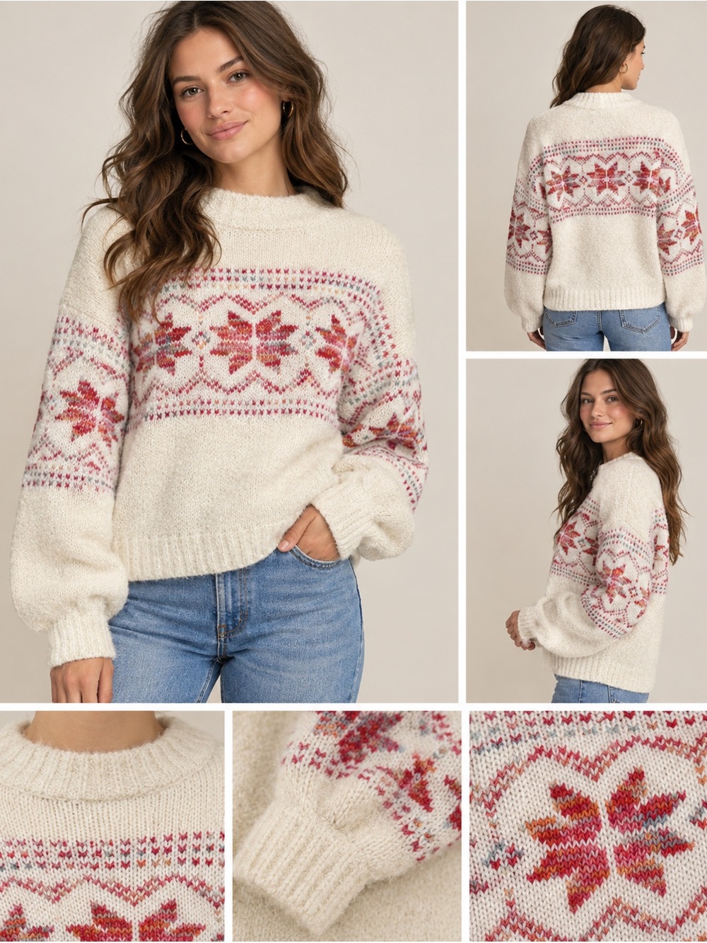 Oversize Fair Isle Snowflake mock neck Sweater Cozy soft Winter Knit size small